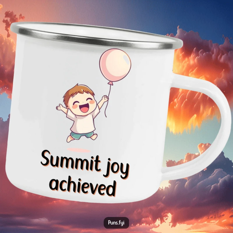 Funny Camping Mug with a smiling character jumping for joy, reaching for a floating balloon, perfect for happy outdoor sipping.