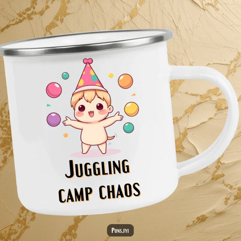 Funny Camping Mug with a cute character in a party hat, joyfully juggling colorful balls, perfect for festive outdoor sipping.
