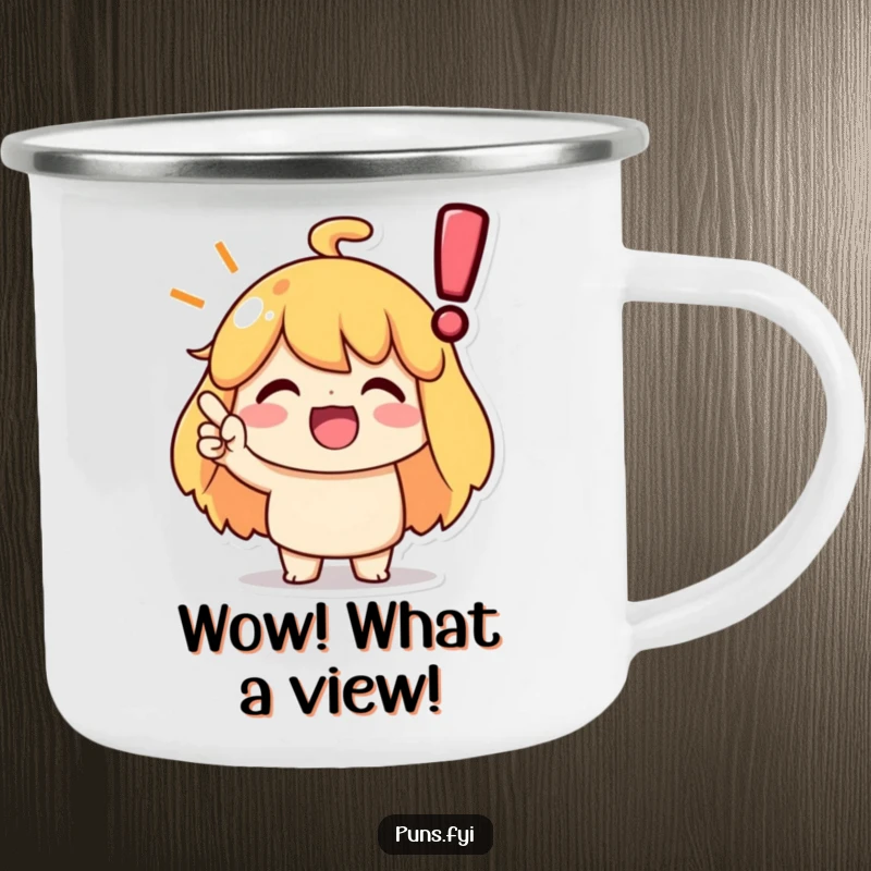 Funny camping mug with a character nodding enthusiastically at a large exclamation point, perfect for drinks outdoors.