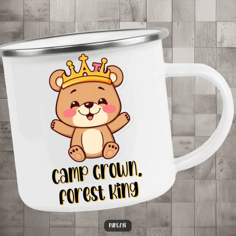 Funny goofy bear cub wearing a majestic crown made of letters on this durable camping mug for young adventurers.