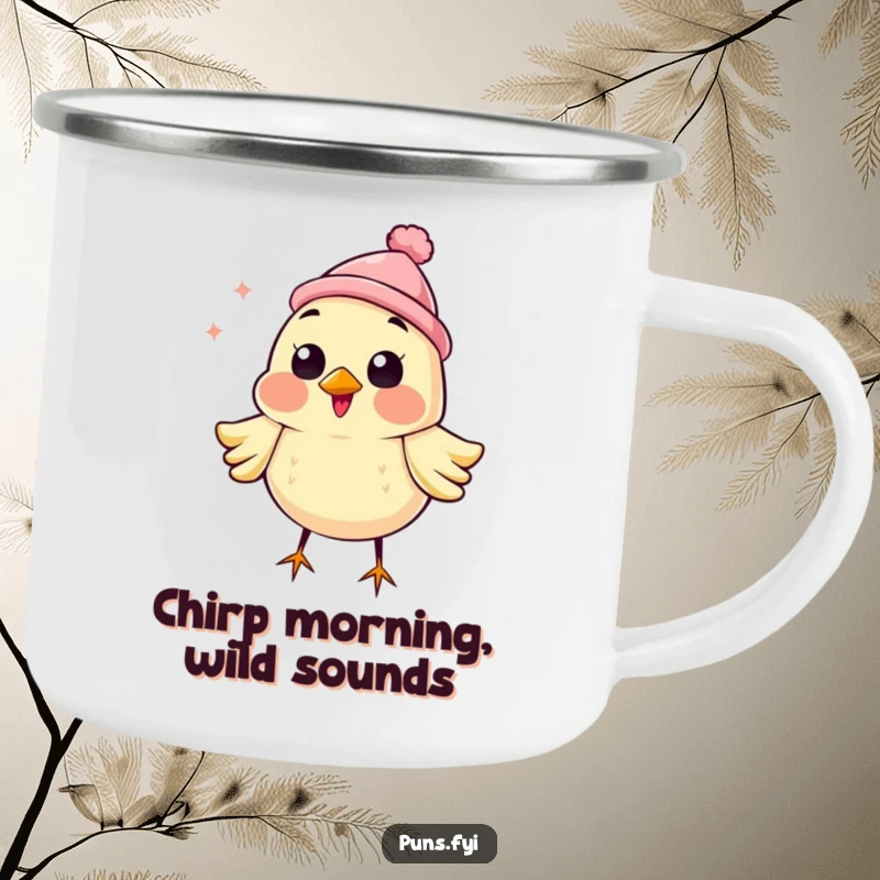 Funny camping mug featuring a joyful bird wearing a tiny hat, chirping happily, perfect for outdoor refreshment and cheer.