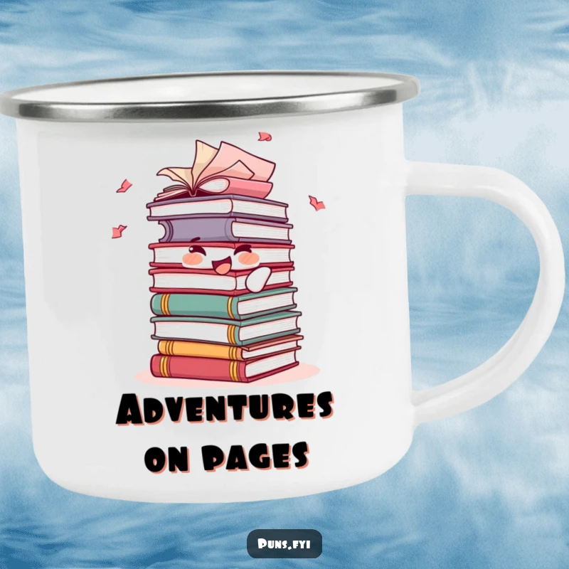 Funny camping mug depicting a joyful stack of books character with fluttering pages, perfect for outdoor reading sessions.