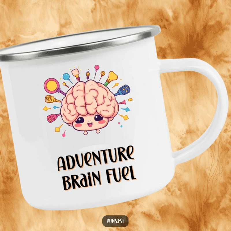 Funny brain brainstorm camping mug showing a cartoon brain character bursting with colorful ideas. Outdoor inspiration.