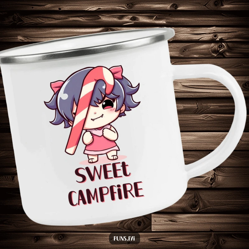 Funny Camping Mug featuring a mischievous character holding a striped candy cane, perfect for holiday-themed outdoor enjoyment.