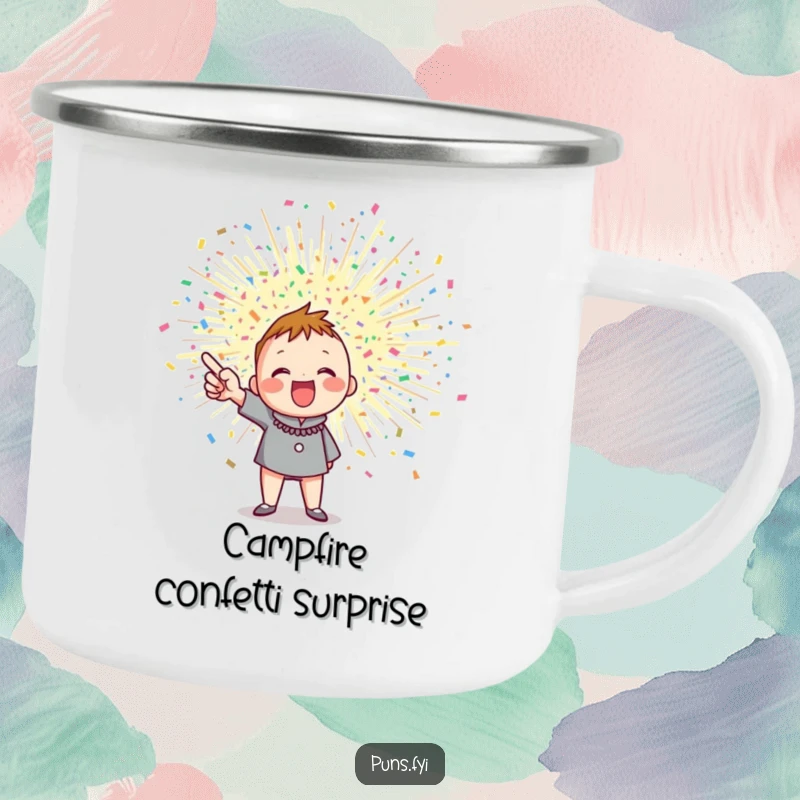 Funny owl camping mug with an enthusiastic character and an exploding confetti burst, bringing festive humor to outdoor drinks.