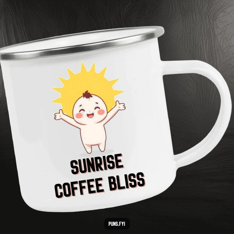Funny Camping Mug: A durable mug showing a character joyfully embracing a bright sunbeam with open arms, ideal for sunny outdoor moments.