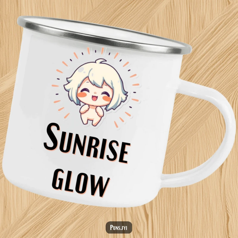 Funny camping mug with a character radiating joy, perfect for hot drinks during outdoor adventures.