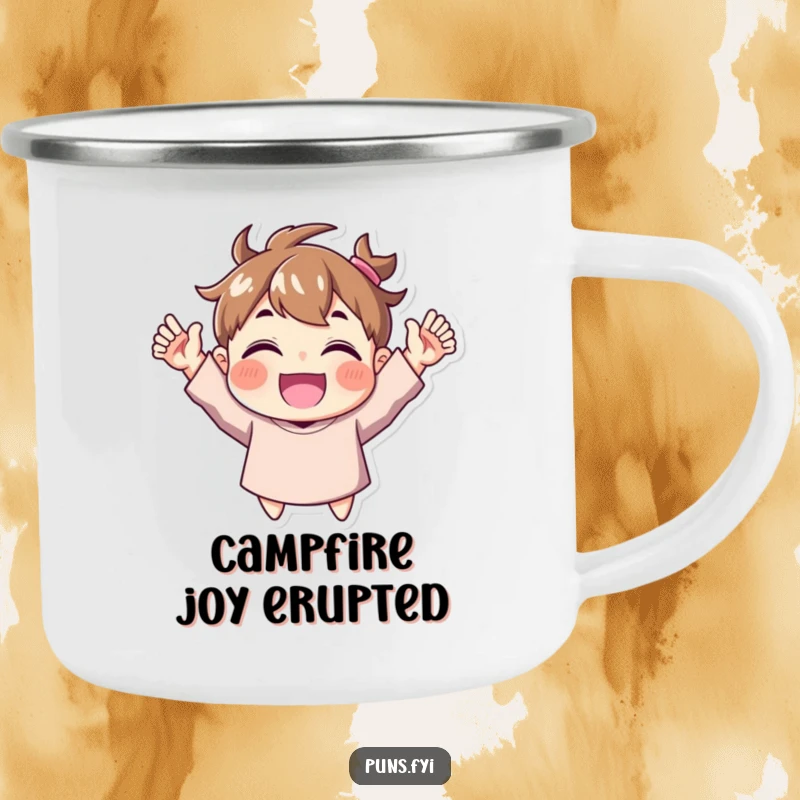 Funny Camping Mug: A rugged mug featuring a character exuberantly cheering with both hands raised, ideal for outdoor celebrations and joy.