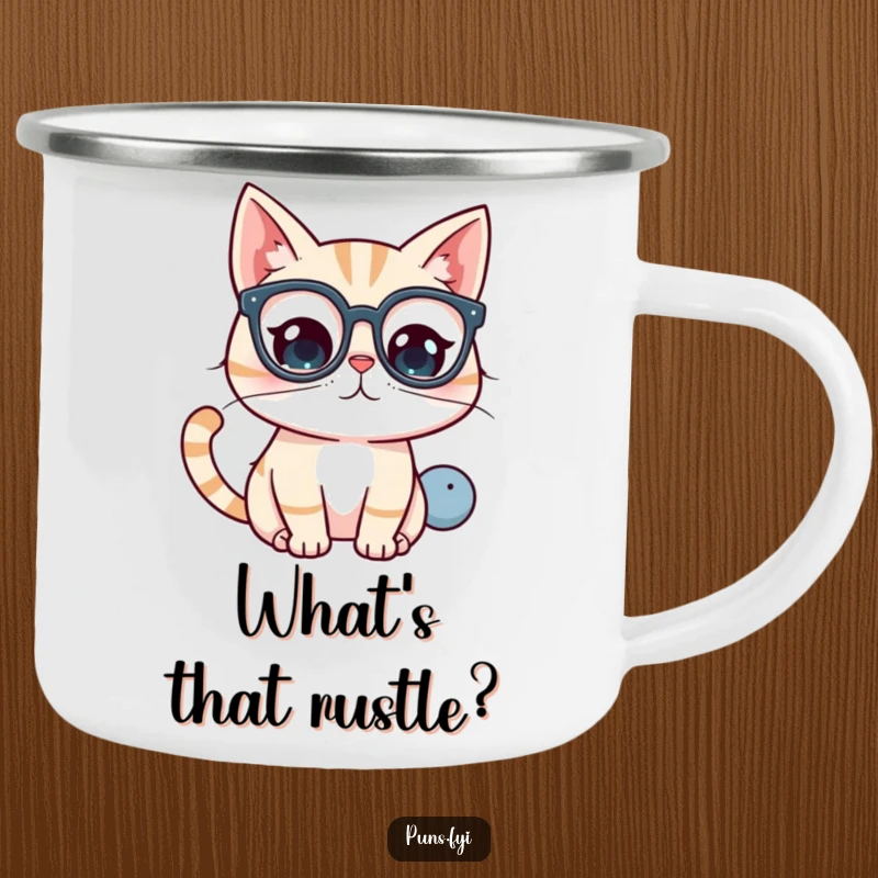 Funny kawaii cat wearing glasses, peering at a question mark, a durable and cute camping mug.