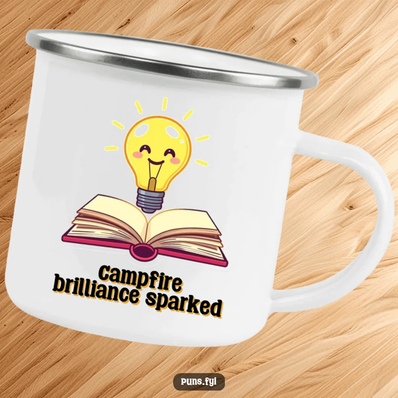 Funny lightbulb camping mug showing a smiley face lightbulb popping out of a book, perfect for insightful sips outdoors.