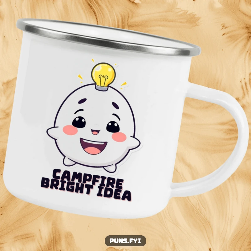 Funny camping mug with a grinning character and a glowing lightbulb, perfect for hot drinks on the go.