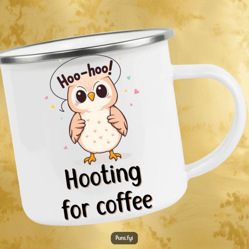 Funny camping mug with a cute owl character spewing 'Hoo-hoo!' confetti from its speech bubble, perfect for outdoor fun.