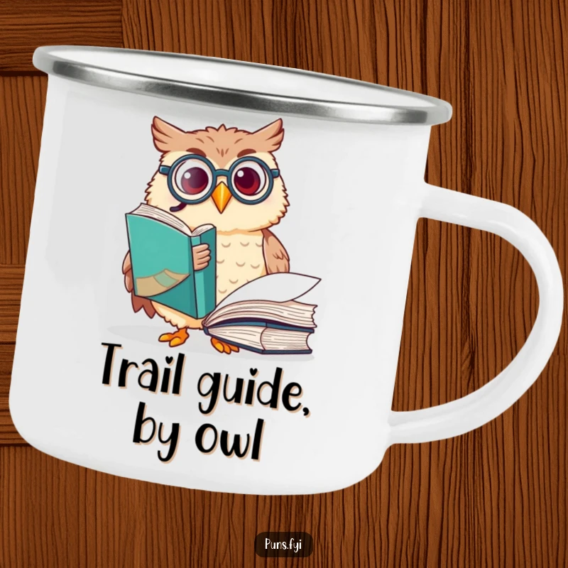 Funny owl camping mug showing a happy owl with a monocle, pointing at a large book, perfect for enjoying beverages with scholarly humor.