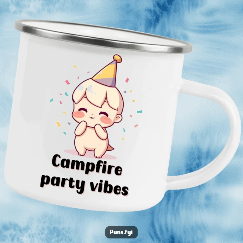Funny camping mug with a character in a party hat blowing confetti, ideal for outdoor celebrations and festive drinks.