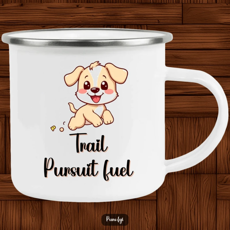 Funny camping mug showcasing a happy puppy character chasing a bouncy letter P, designed for rugged adventurers with a sense of humor.