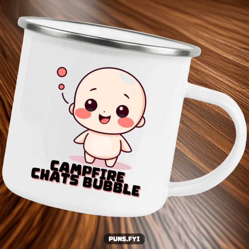 Funny camping mug featuring a playful speech bubble character engaged in conversation, ideal for outdoor chats and warm beverages, a durable funny gift.