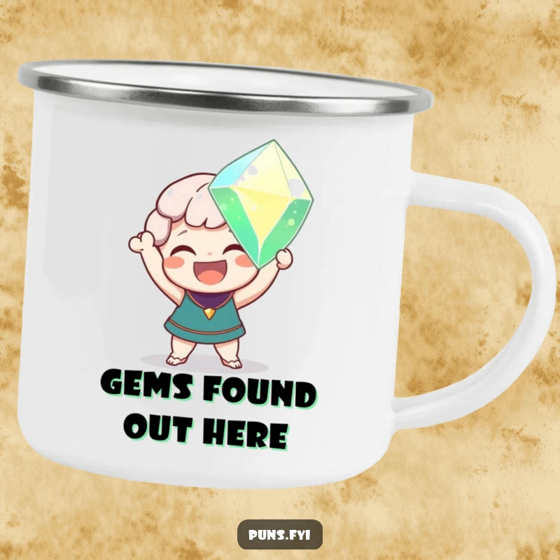 Funny camping mug featuring a delighted character holding a giant, sparkling gem, perfect for enjoying drinks on the go.