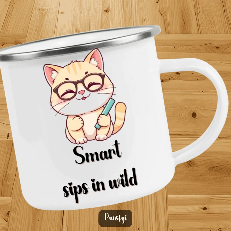 Funny cat camping mug with a smiling cat wearing glasses, winking and holding chalk, perfect for outdoor brews.