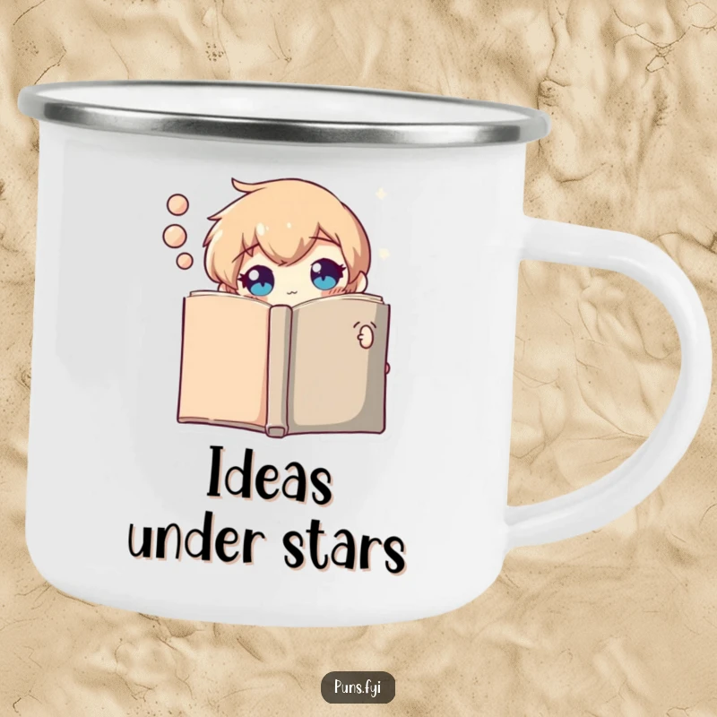 Funny camping mug depicting a curious thought bubble character peeking from behind a book, perfect for outdoor contemplation.