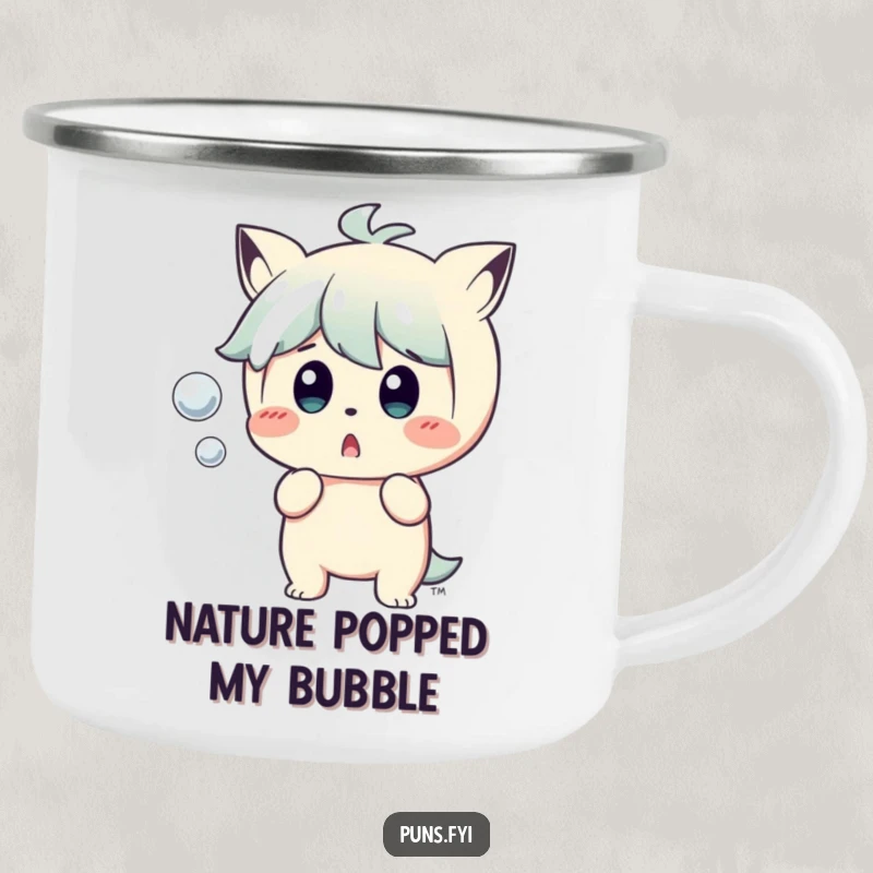 Funny Camping Mug: A durable mug showing a character's exaggerated surprise as a small bubble pops, ideal for outdoor humor.