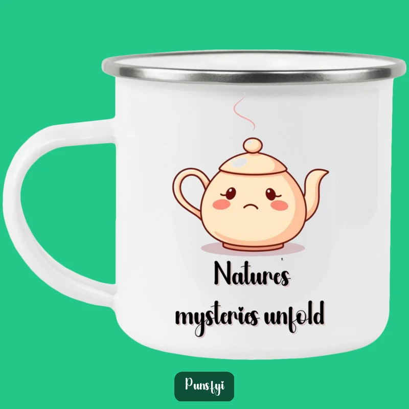 Funny Confused Teapot Camping Mug: Ponder the Outdoors with Hilarious Warmth!