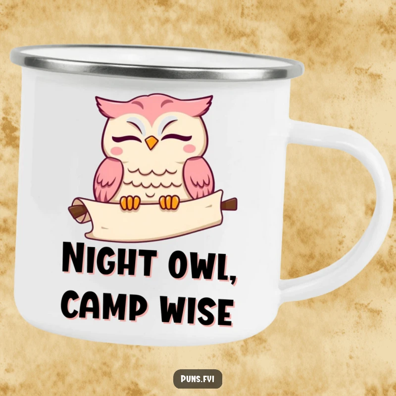 Funny kawaii owl camping mug featuring a cute winking owl with an unrolling scroll, perfect for enjoying drinks outdoors.