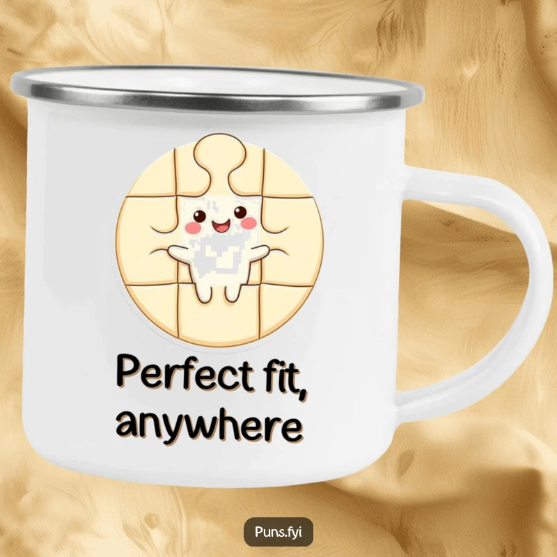 Funny camping mug showing a cheerful puzzle piece character fitting perfectly into a larger shape, celebrating outdoor joy and connection.
