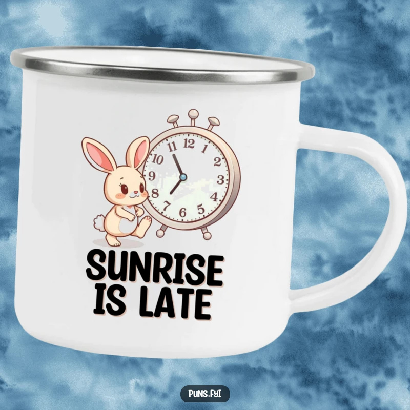 Funny camping mug with an impatient bunny tapping its foot near a large clock, perfect for outdoor enjoyment with a humorous twist.