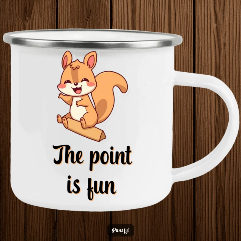 Funny camping mug featuring a happy squirrel riding a giant exclamation point, perfect for outdoor adventures.