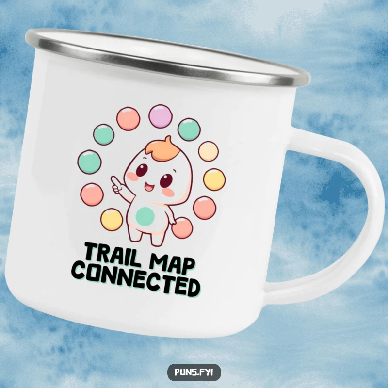 Funny camping mug featuring a character pointing to connected circles, perfect for strategizing and enjoying drinks outdoors.