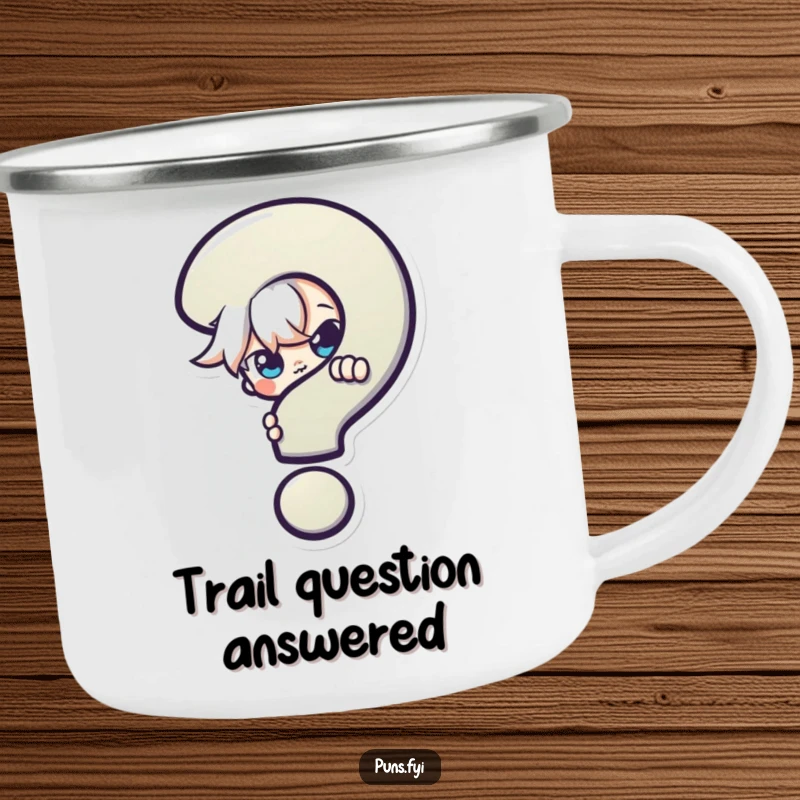 Funny Camping Mug: A durable mug showing a mischievous character peeking with playful curiosity from behind a large question mark, for outdoor mystery.