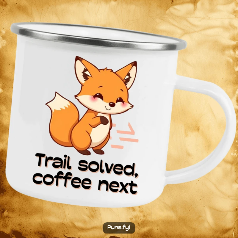 Funny fox camping mug with a smiling fox pointing at a maze, ideal for outdoor trips and clever navigation.