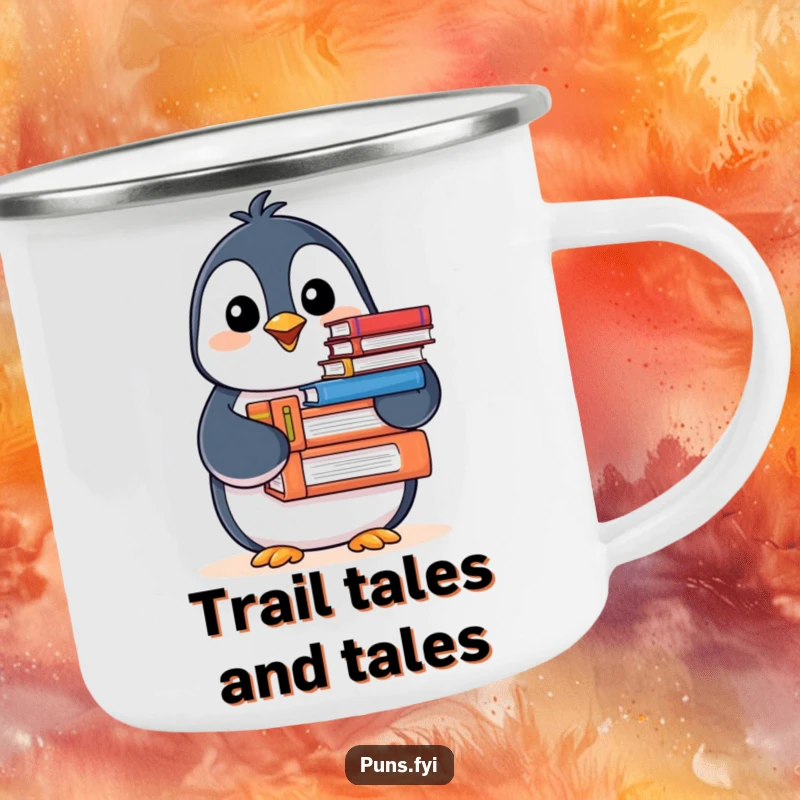 Funny Penguin Camping Mug showing a happy penguin with books, perfect for outdoor reading and beverage enjoyment.