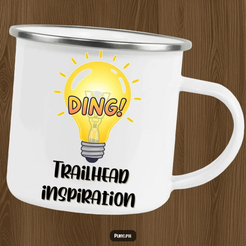 Funny Camping Mug featuring a glowing idea bulb and a DING! graphic, ideal for outdoor adventures and sparking ideas.