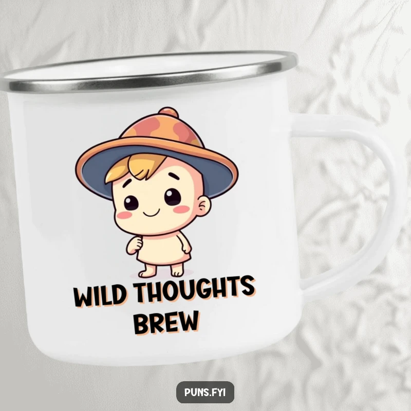 Funny camping mug featuring a happy character with a silly, oversized thinking cap, perfect for outdoor adventures and big thinking, a durable funny gift.