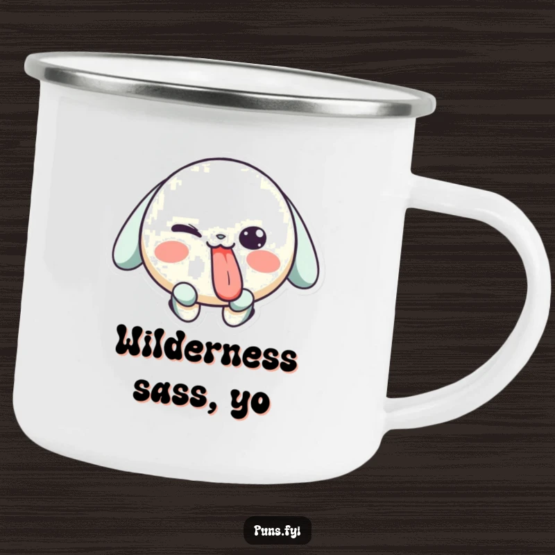 Funny camping mug featuring a playful character sticking its tongue out and winking, perfect for enjoying drinks outdoors with a cheeky attitude.