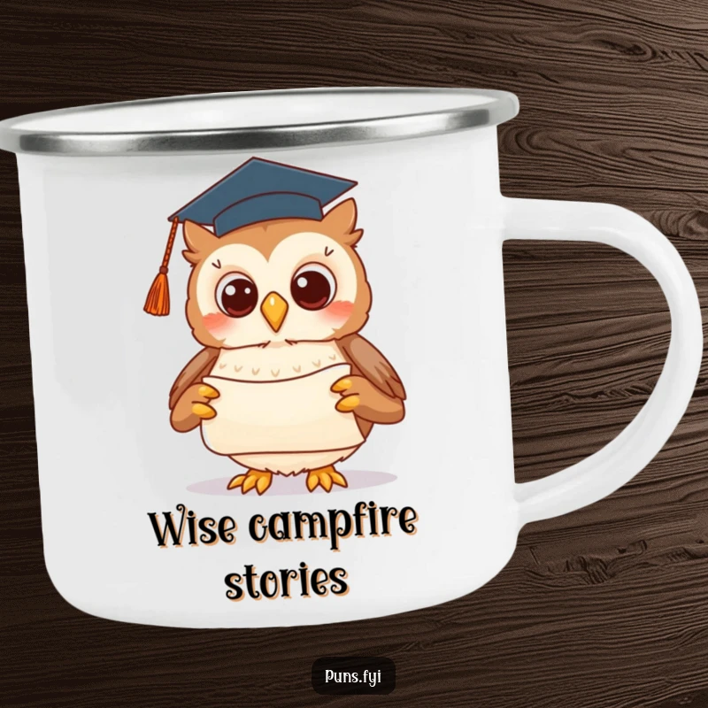 Funny camping mug with a cute owl wearing a graduation cap, presenting a scroll, ideal for cozy outdoor drinks.