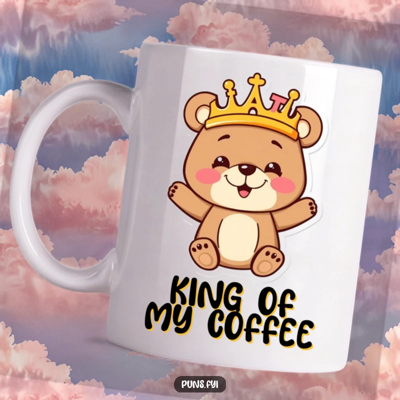 Funny goofy bear cub wearing a majestic crown made entirely of colorful alphabet letters, looking adorable on this mug.