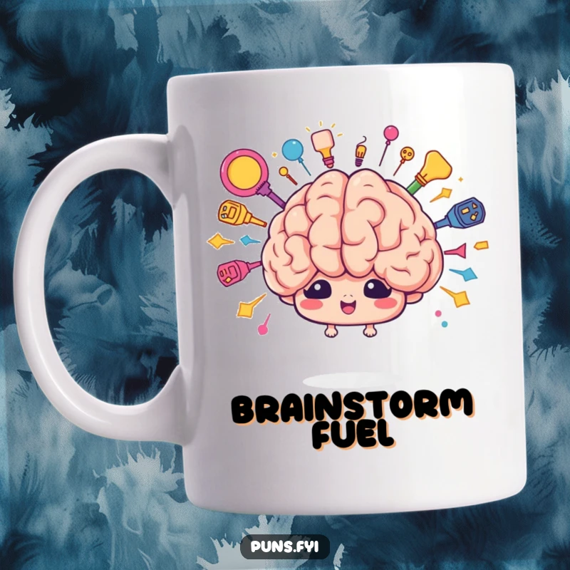 Funny cartoon brain mug bursting with colorful ideas, symbolizing creativity and innovation. Perfect for bright minds.