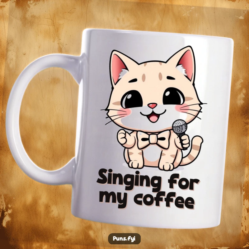 Funny cat mug with a smiling cat wearing a bowtie and holding a tiny microphone, ready to perform, a humorous design.
