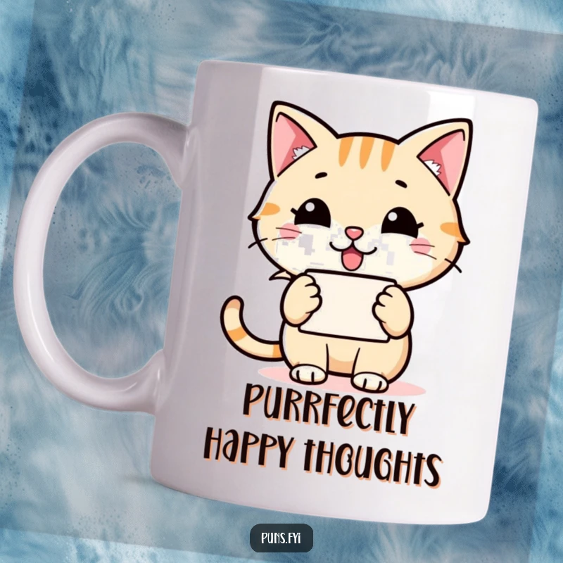 Funny cat mug featuring a happy cat holding a speech bubble with a grinning word icon, conveying cheerful and humorous communication.