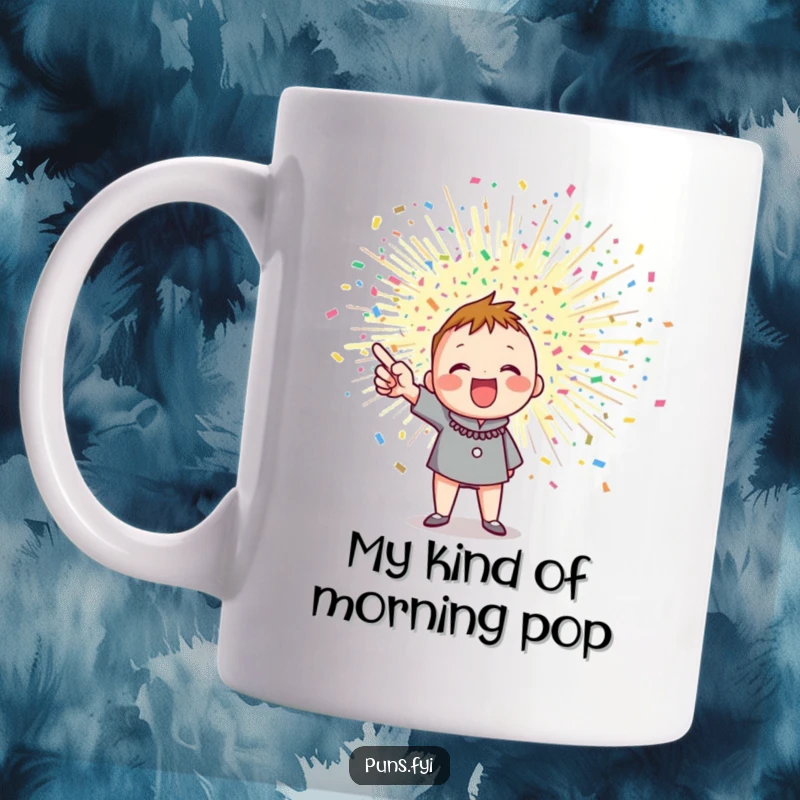 Funny mug showing an enthusiastic character pointing at a big, exploding confetti burst, capturing excitement and party vibes.