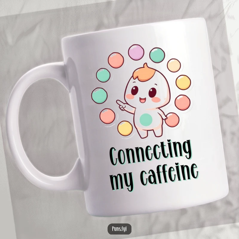 Funny mug with a character excitedly pointing at a diagram of interconnected circles, symbolizing systems and relationships.