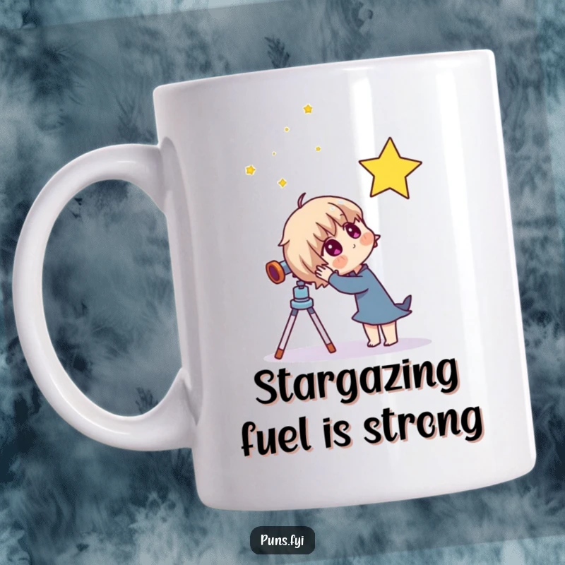 Funny mug showing a curious character with a telescope, looking at a faraway twinkling star, full of wonder and cosmic exploration.