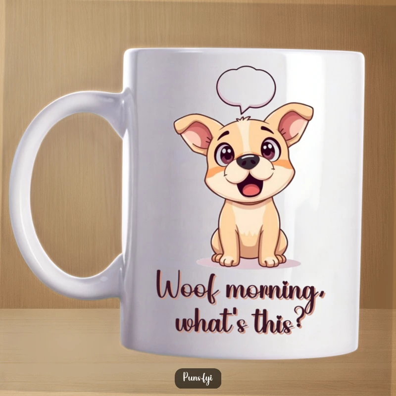 Funny mug featuring a surprised dog with ears perked high, a comedic speech bubble above its head, conveying shock.