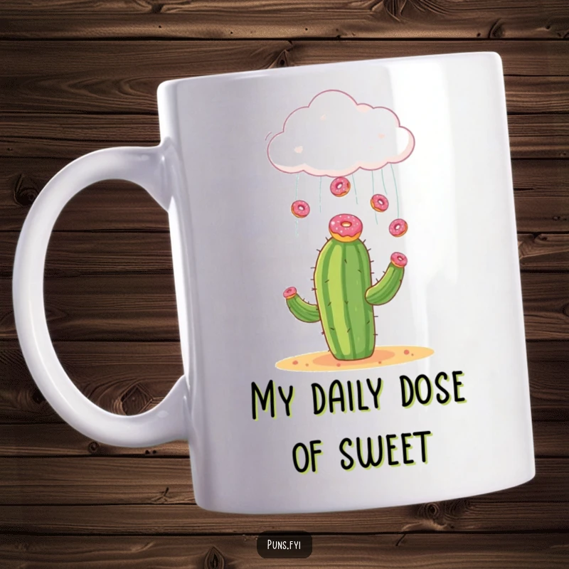 Funny mug featuring a fluffy cloud raining tiny donuts onto a surprised cactus, a scene of sweet, unexpected joy.