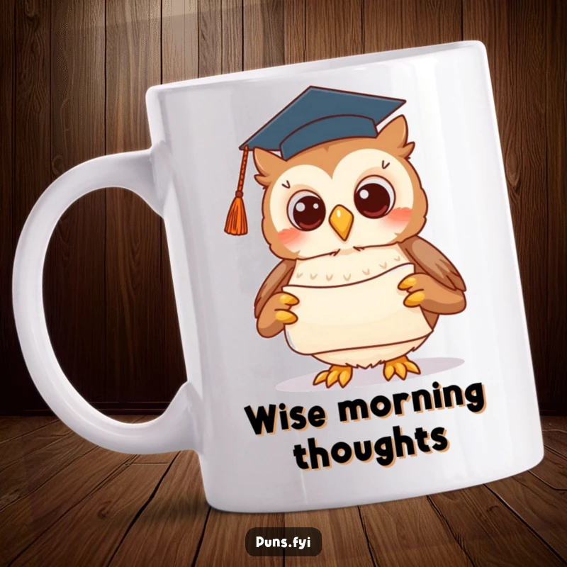 Funny mug with a cute owl wearing a tiny graduation cap, proudly presenting a scroll with a flourish, celebrating achievement.