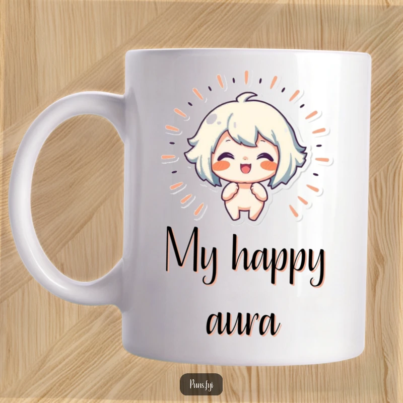 Funny mug showing a character radiating lines of pure happiness and joy, symbolizing infectious good vibes.
