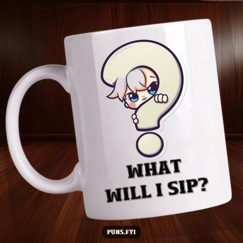 Funny Mug: A mischievous character slyly peeks from behind a large, vibrant question mark, hinting at secrets and fun.