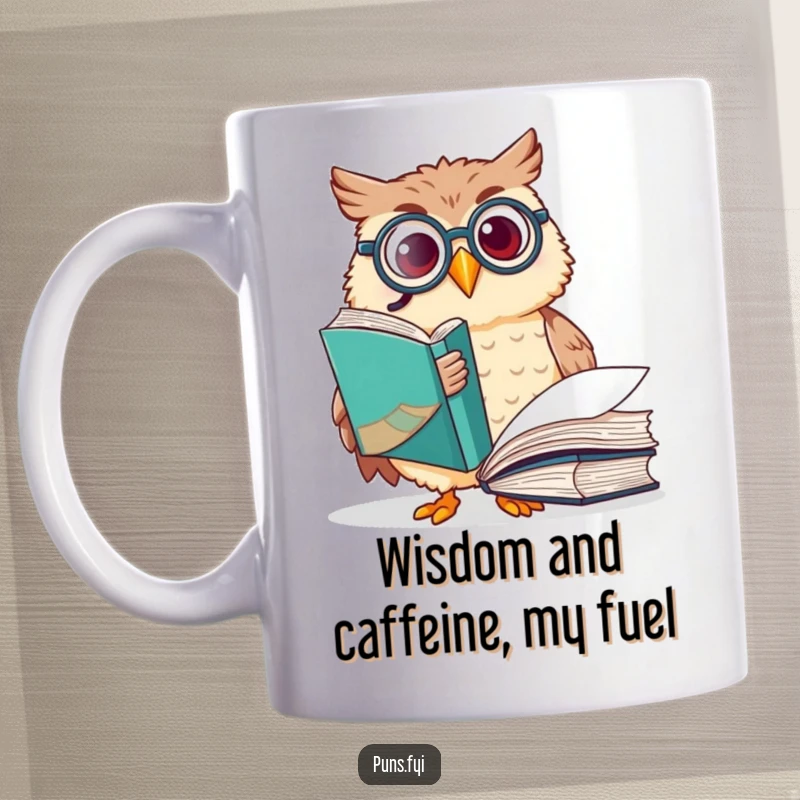Funny owl mug with a sophisticated owl wearing a monocle, pointing excitedly at a large book, embodying intellectual curiosity and humor.